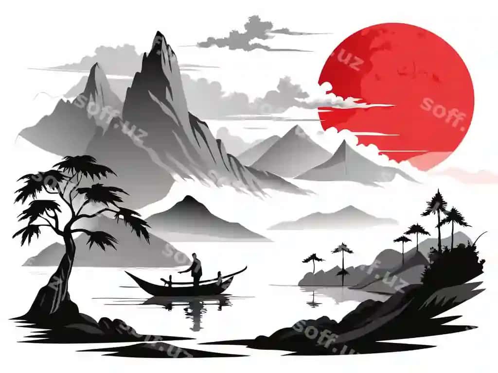 Qizil oy suwda aks etadi, suwdagi odam o'yini qozondir. | Red moon is reflected water man is rowing boat