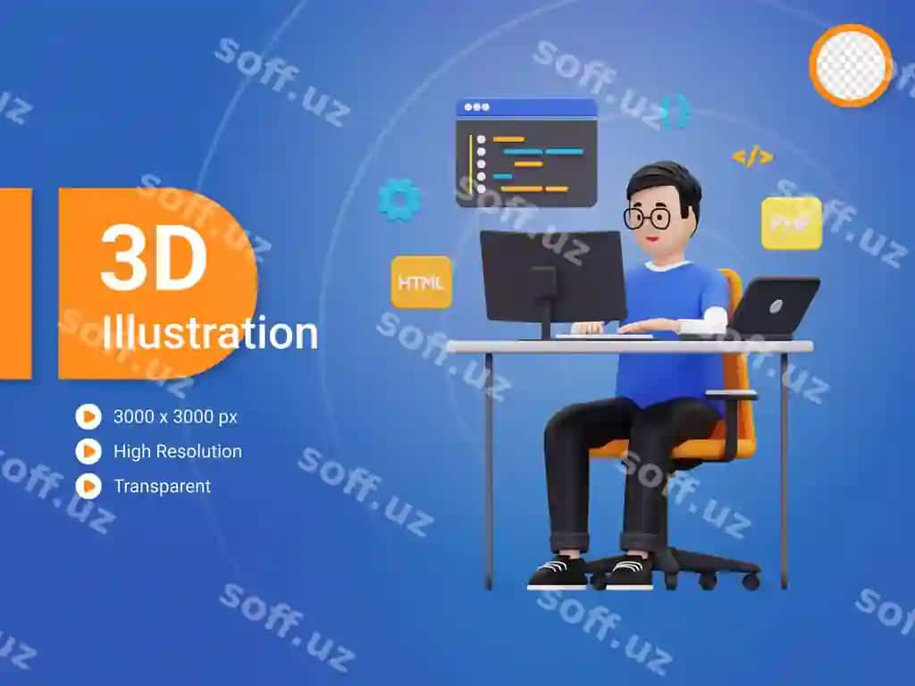3D veb dasturchi ishlovchi loyiha illustratsiyasi | 3d web developer working project illustration