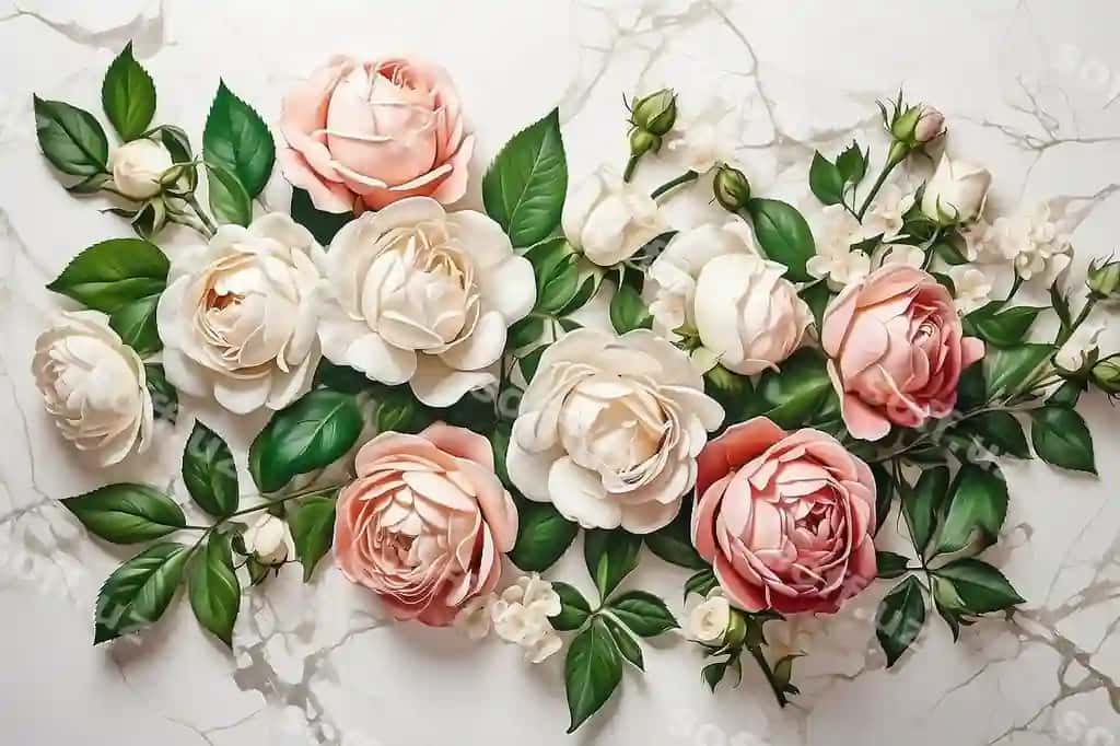 Yuqori rasm bog' rozygulari yashil barglar bilan, oq kichik gullar, oq marmar yuz | Overhead shot garden roses with green leaves white small flowers white marble surface