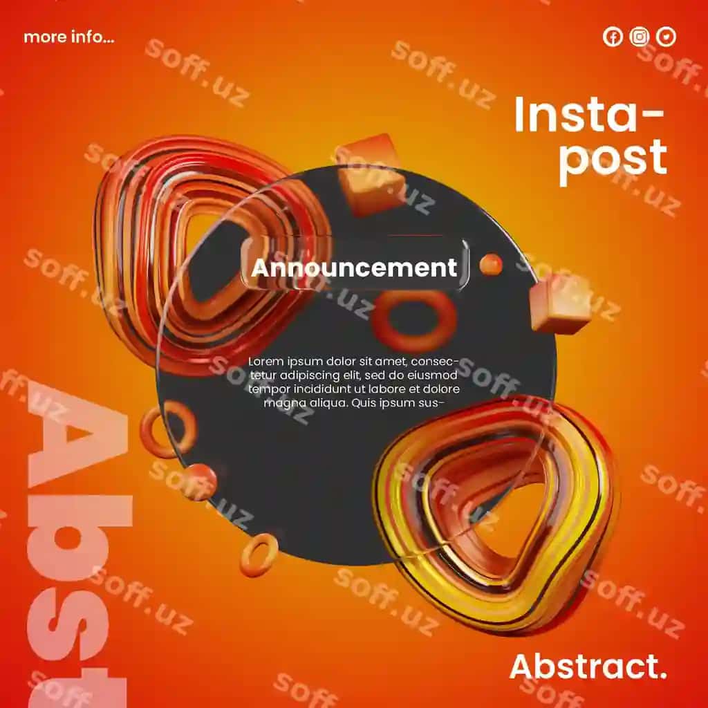 Post ijtimoiy tarmoqlar uchun shisha efekti dizayn, 3D abstrakt, apelsin va sariq ranglarda | Post social media glassmorphism design with 3d orange yellow abstract
