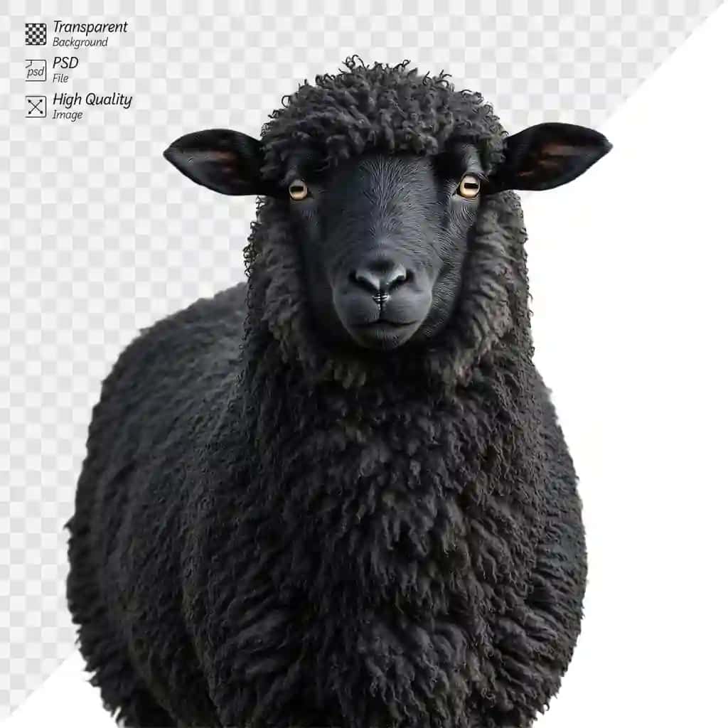 To‘g‘ridan-to‘g‘ri kamera shaffofligida jingalak junli qora qo‘y | Closeup black sheep with curly wool staring directly camera transparent