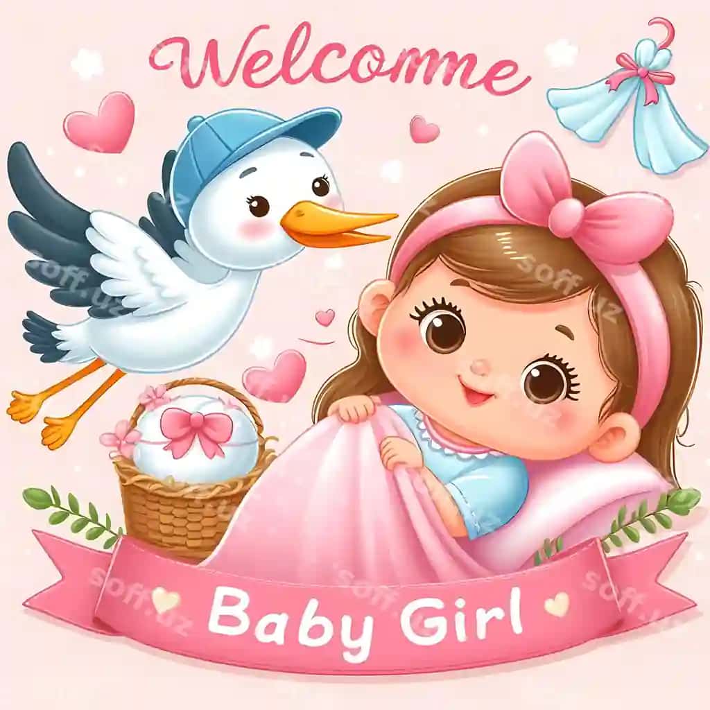 Qiz pushti qora ip o'z oldida o'rdak belgisi "xush kelibsiz, chiqor qiz" degan so'zlar bilan o'tirgan. | Girl pink bow tie is sitting front duck sign that says welcome baby girl