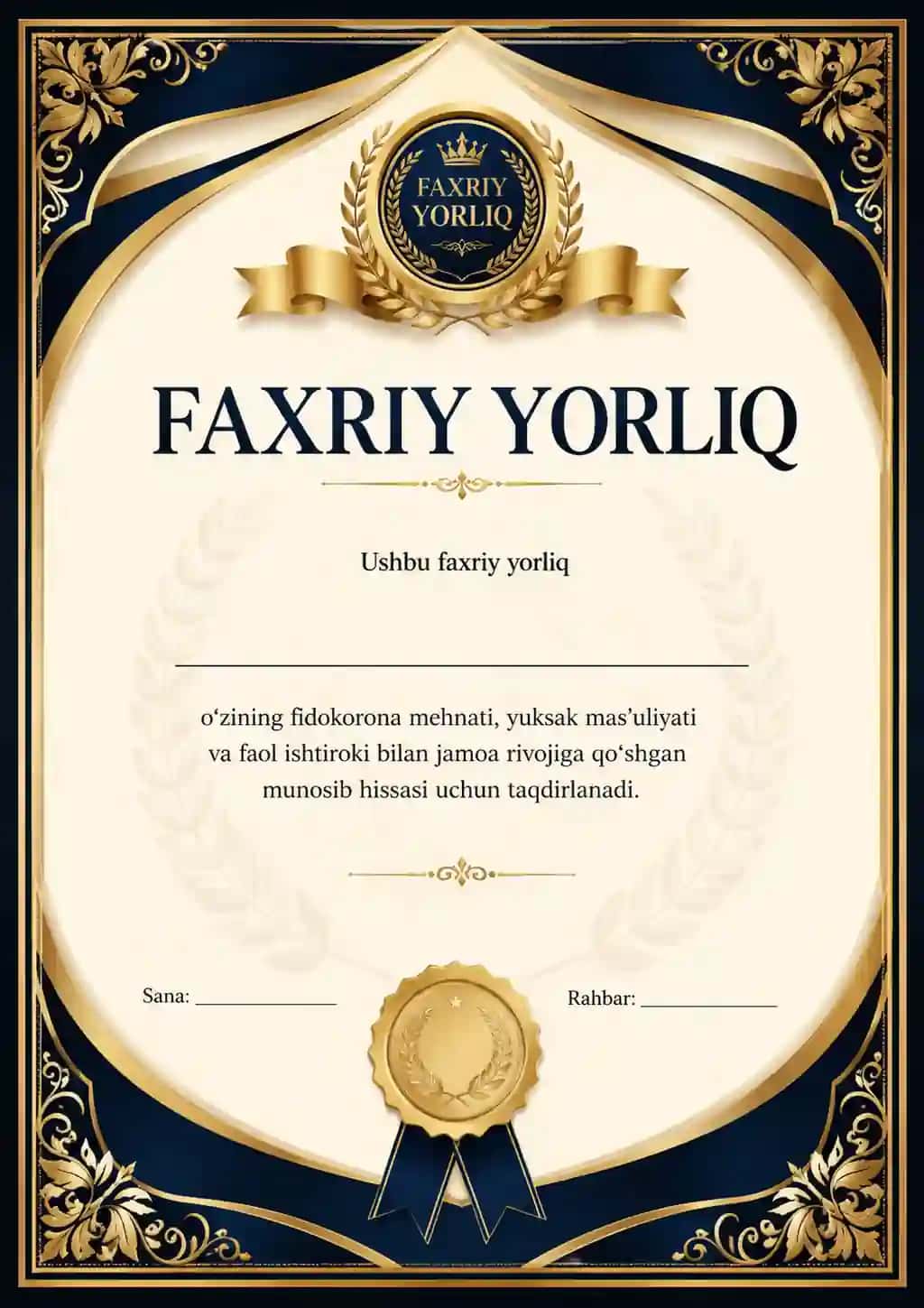 Premium faxriy yorliq shabloni | Oltin va ko‘k sertifikat dizayni