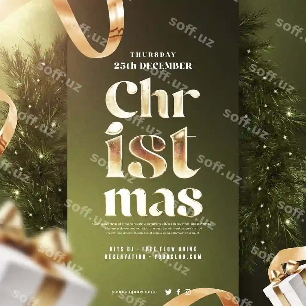 Elegant o'tkizil Rojdestvo to'y tadbir flyeri | Elegant golden christmas party event flyer