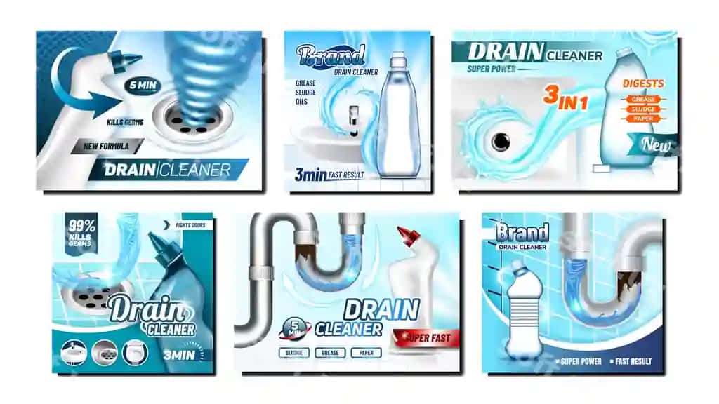 Buzilgan kanal tozalash vositi reklama plakatlar komplekti | Clogged drain cleaner promo posters set