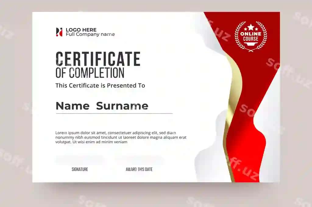 Shablon sertifikatni onlayn yakunlash qizil-oq rangda aniq dizayn | Online certificate completion template red white color clear design
