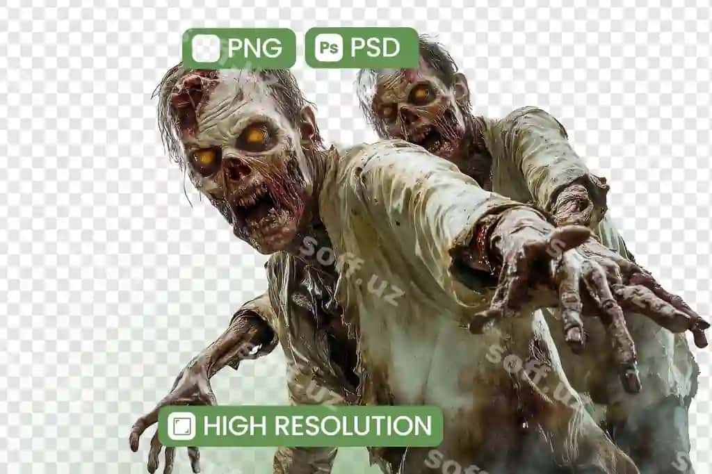Qorqinchli yuqori rezolyutsiya zombi juftligi png psd fayllarini yuklab olish o'lmasdan yashovchi hosilatlar | Horrifying highresolution zombie duo png psd downloads undead creatures