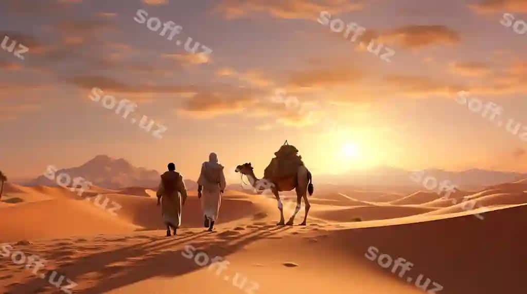 Arablar cholni yurmoqda, gotira orqa fonda | Araffes walking desert with camel background