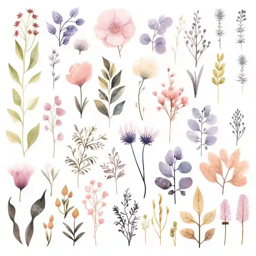 Botanik bog' klipart komplektlari oq fon pastel ranglar | Botanic garden clipart sets white background pastel colors