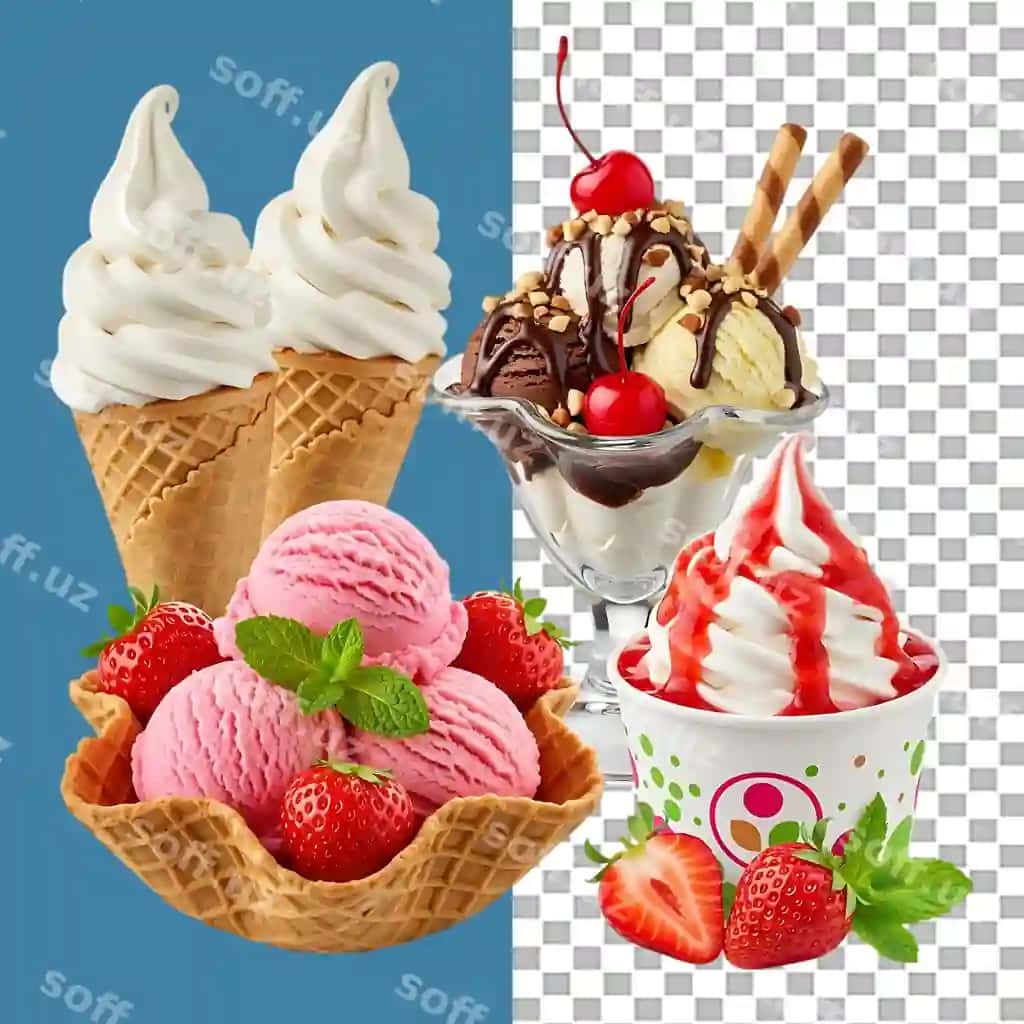 Mazali muzqaymoq komplekti konsetlar sundays shirinliklar | Delicious ice cream assortment cones sundaes scoops