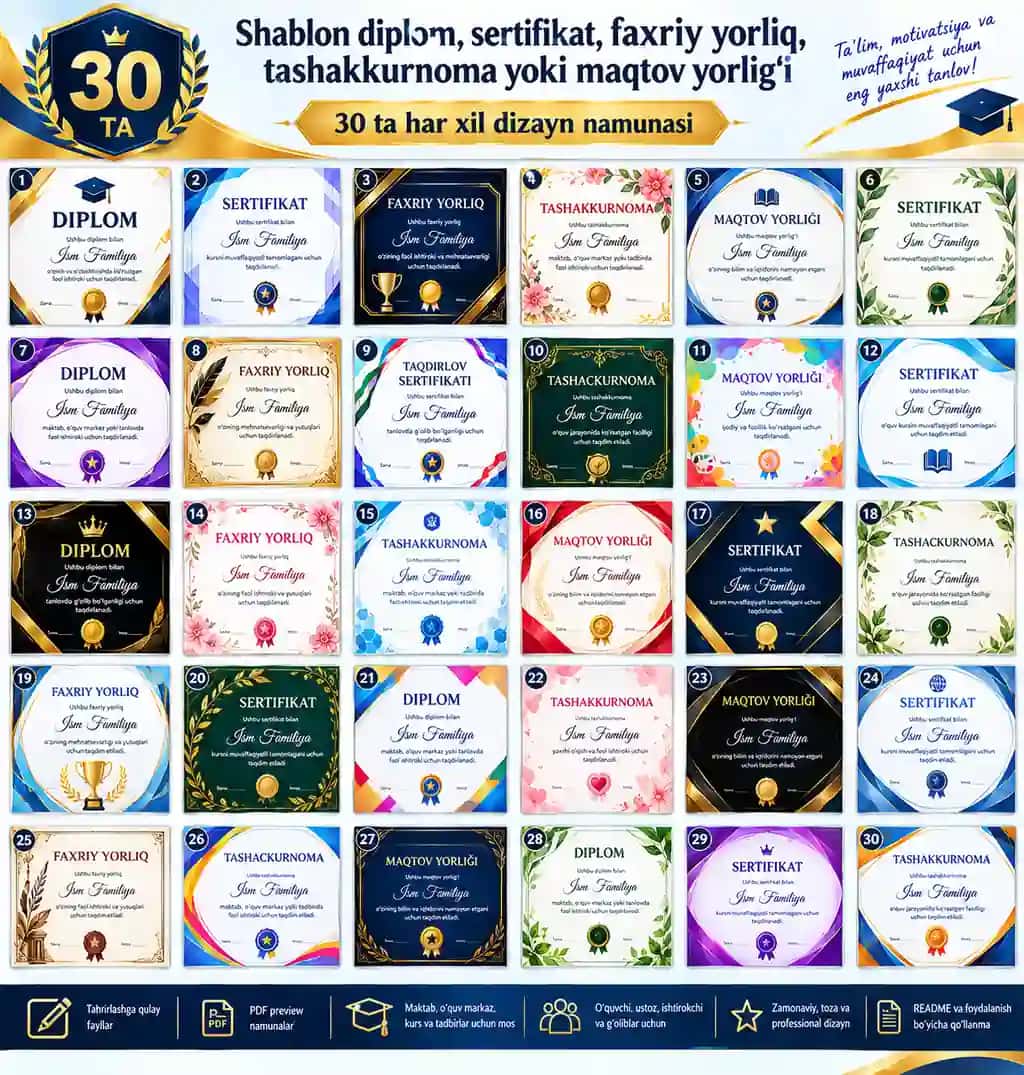 Shablon diplom, sertifikat, faxriy yorliq, tashakkurnoma yoki maqtov yorlig'i 30 tasi ZIP