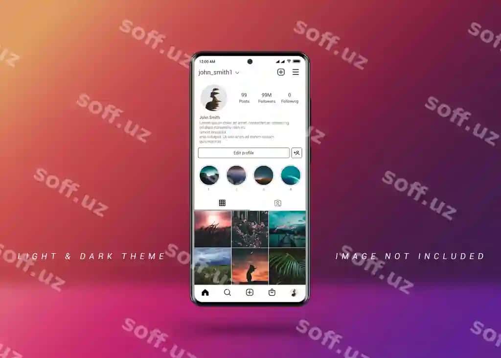 Instagram profil mockup telefon yorqin/qorong'iq mavzu | Instagram profile mockup phone light dark theme