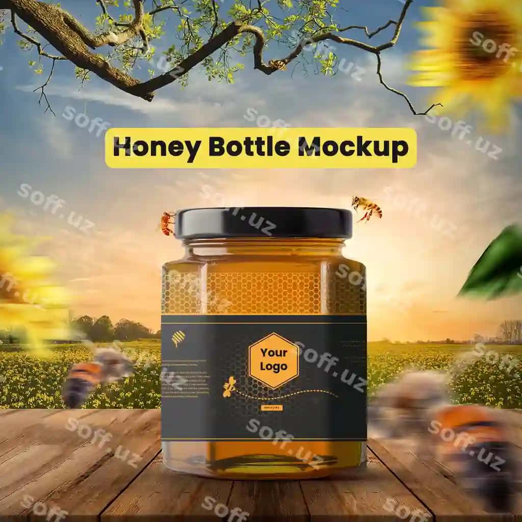 Psd shablon med bilan to'ldirilgan hordiq va med botligi shabloni | Psd mockup jars with honey honey bottle mockup