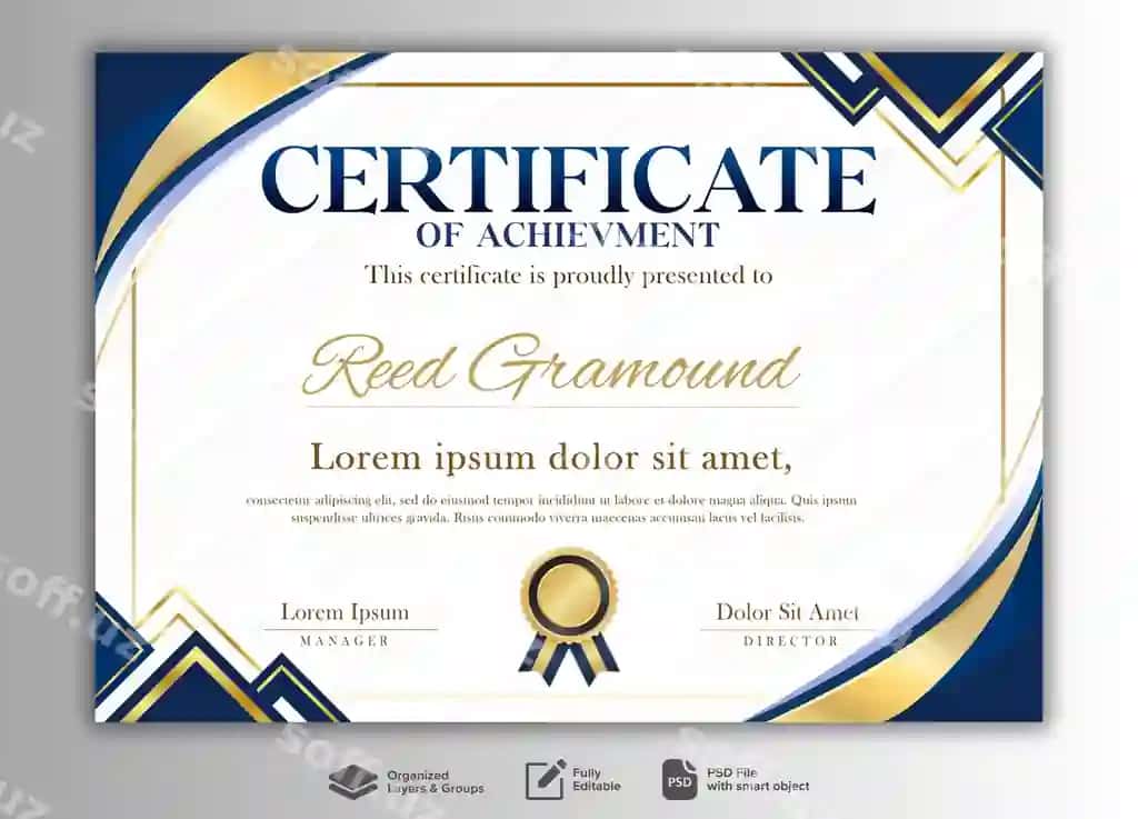 Chiroyli ko'k sertifikat shabloni | Elegant blue certificate template