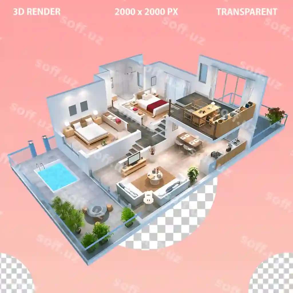 3d ichki dizayn tashqi ko'rinishdan ichki reja qavat sxemasini ko'rsatuvchi | 3d interior design from outside view interior plan showing floorplan