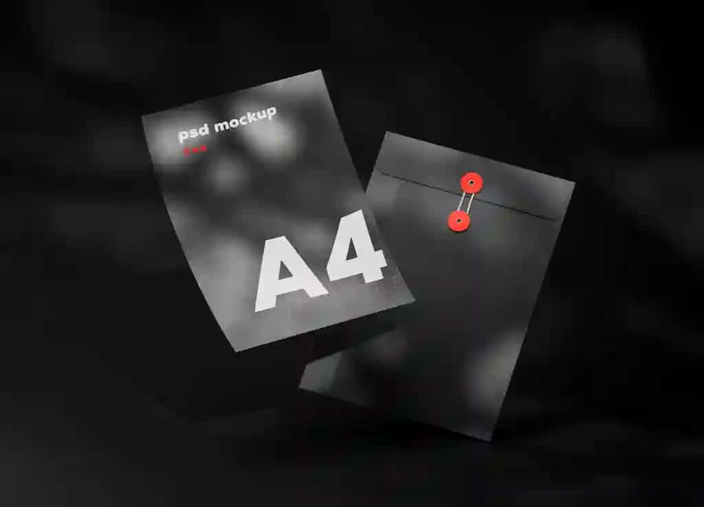 Statsionar a4 qora qog'oz maketi vizualizatsiyasi qora fon | Stationary a4 black paper mockup visualization black background