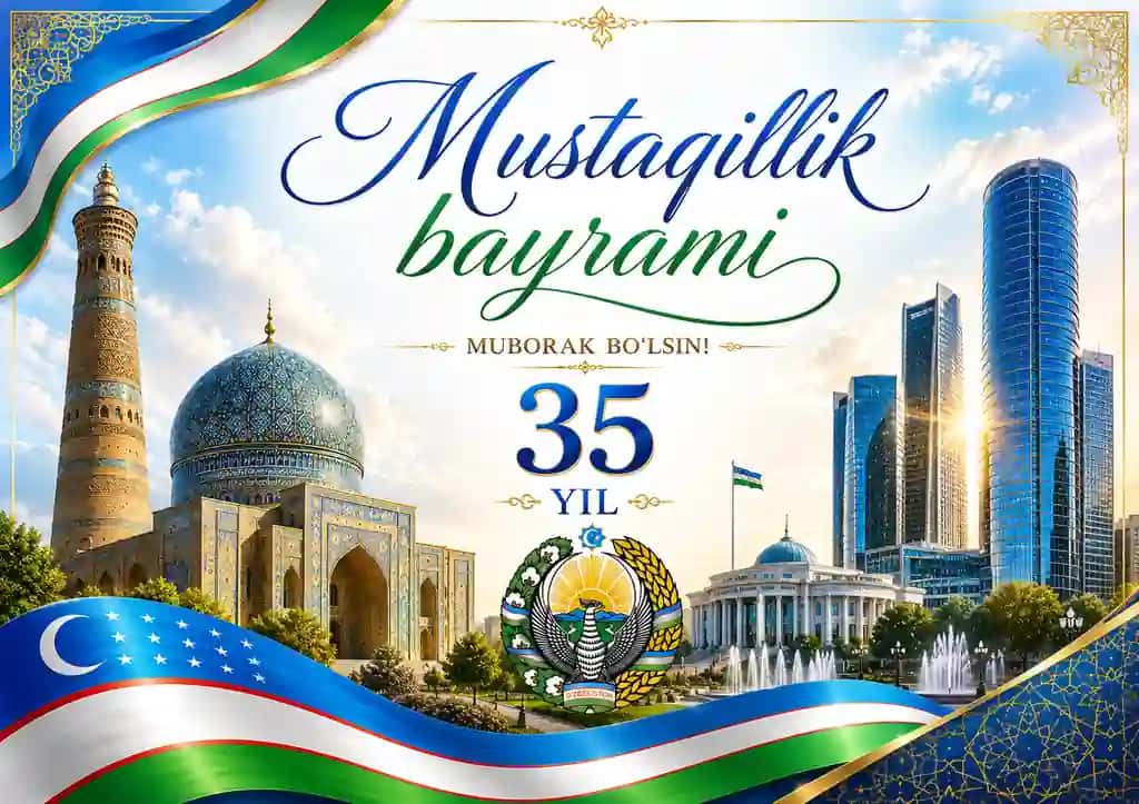 Mustaqilligining 35 yilligi munosabati bilan tayyorlangan bayramona tabriknoma dizayni.