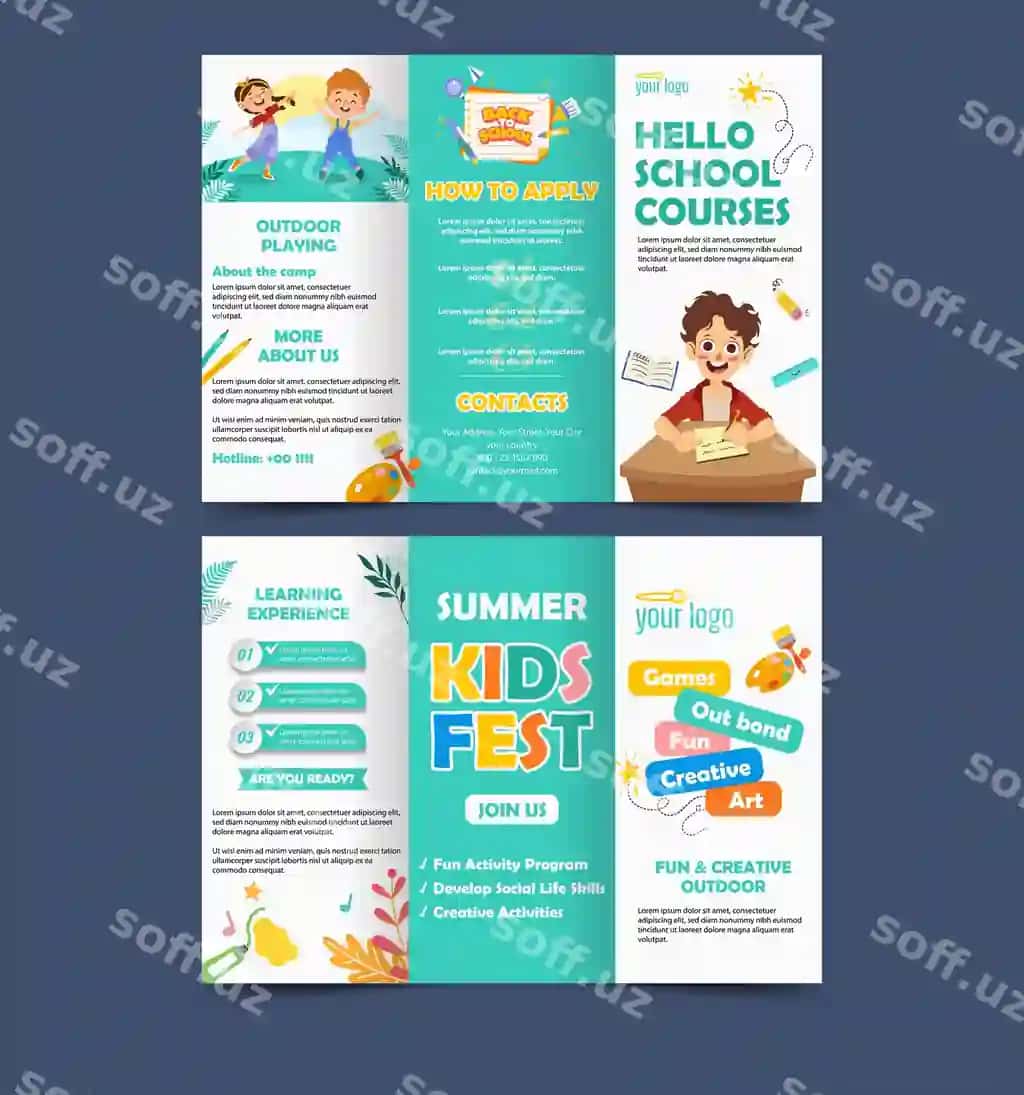 Bolalar maktabi uch qirra broshyur shabloni | Kids school trifold brochure template