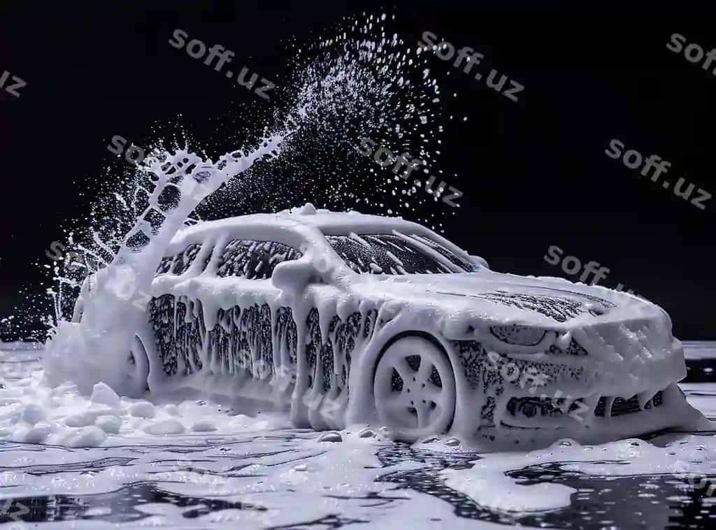 Qoʻlda oq sovun pusulasi bilan mashina yuvish, bodiya mashina pusulasi bilan suv yuvish, pusulasi bilan qoplangan mashina, mashina yuvish qora fonda | Manual car wash with white soap foam body car wash with foam water car covered foam soap car wash black background