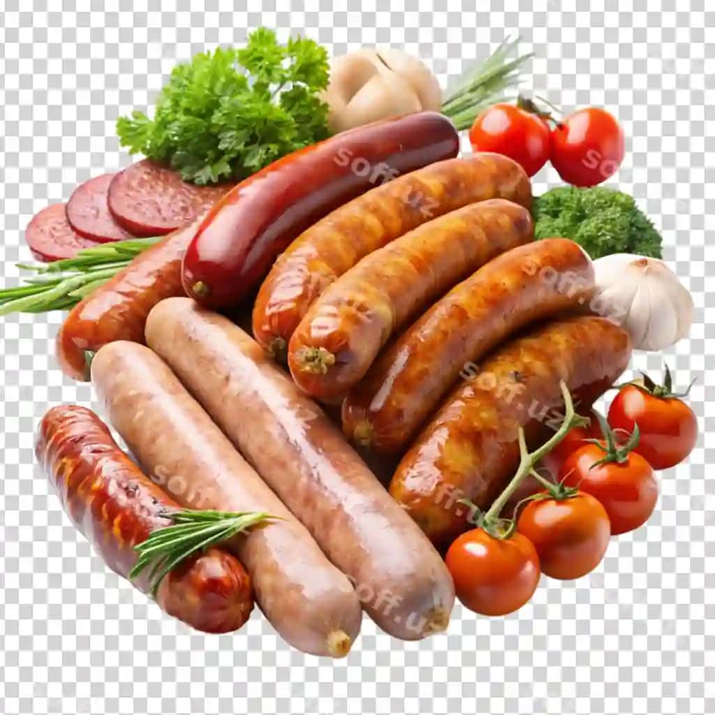 Kolbasa sabzavotlar shaffof orqa fonda | Sausages vegetables transparent background