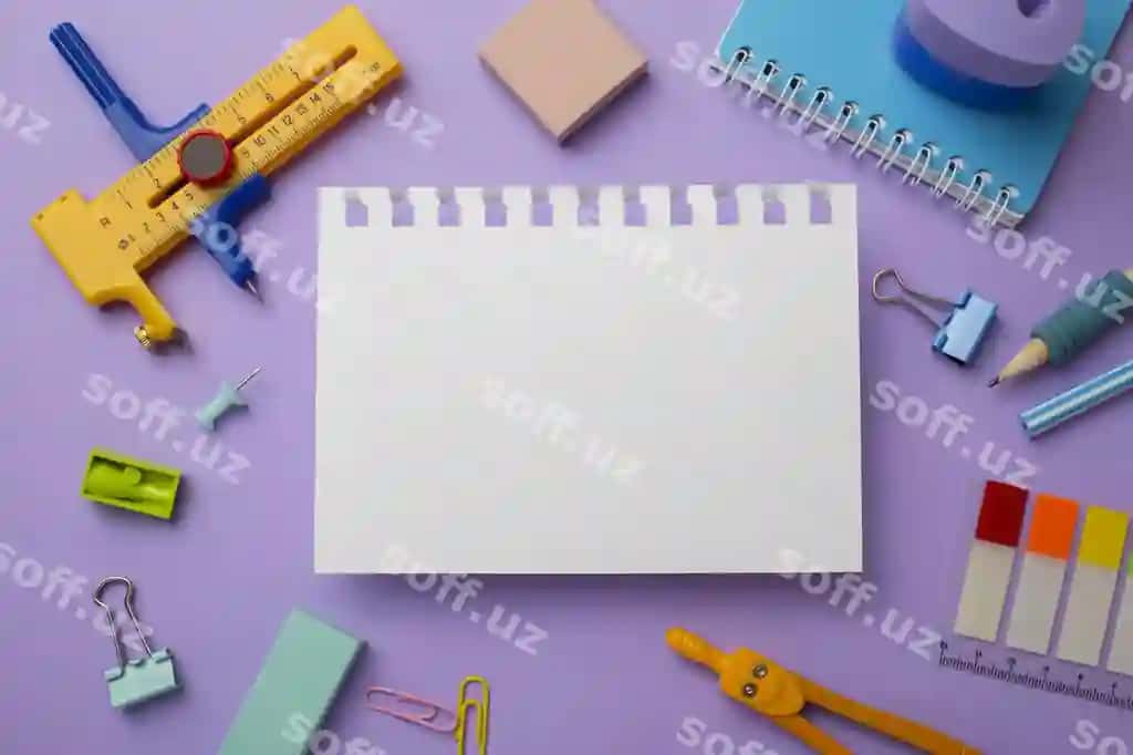 Yuqori ko'rinishdagi maktab kundaliri binofiya fonda | Top view school supplies purple background