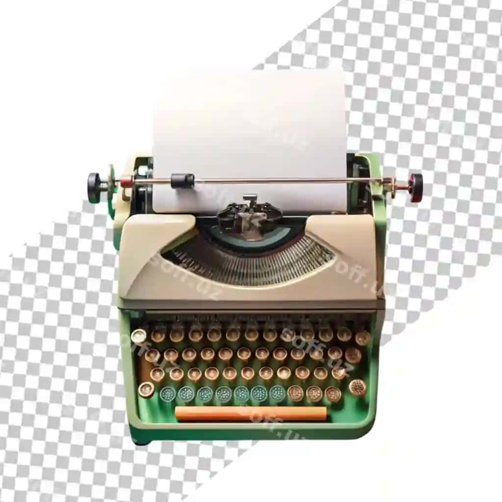 3d render ko'k yashil yozuvchi mashina ajraltirilgan shaffof fonda | 3d rendering blue green typewriter isolated transparent background