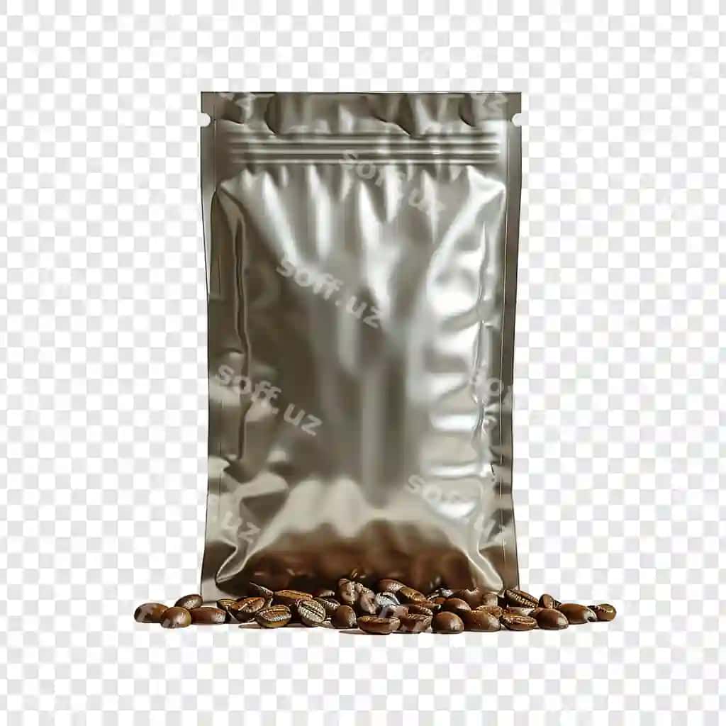 Shiny kofe bagasi mockup olovchan fonda | Glossy coffee bag mockup transparent background