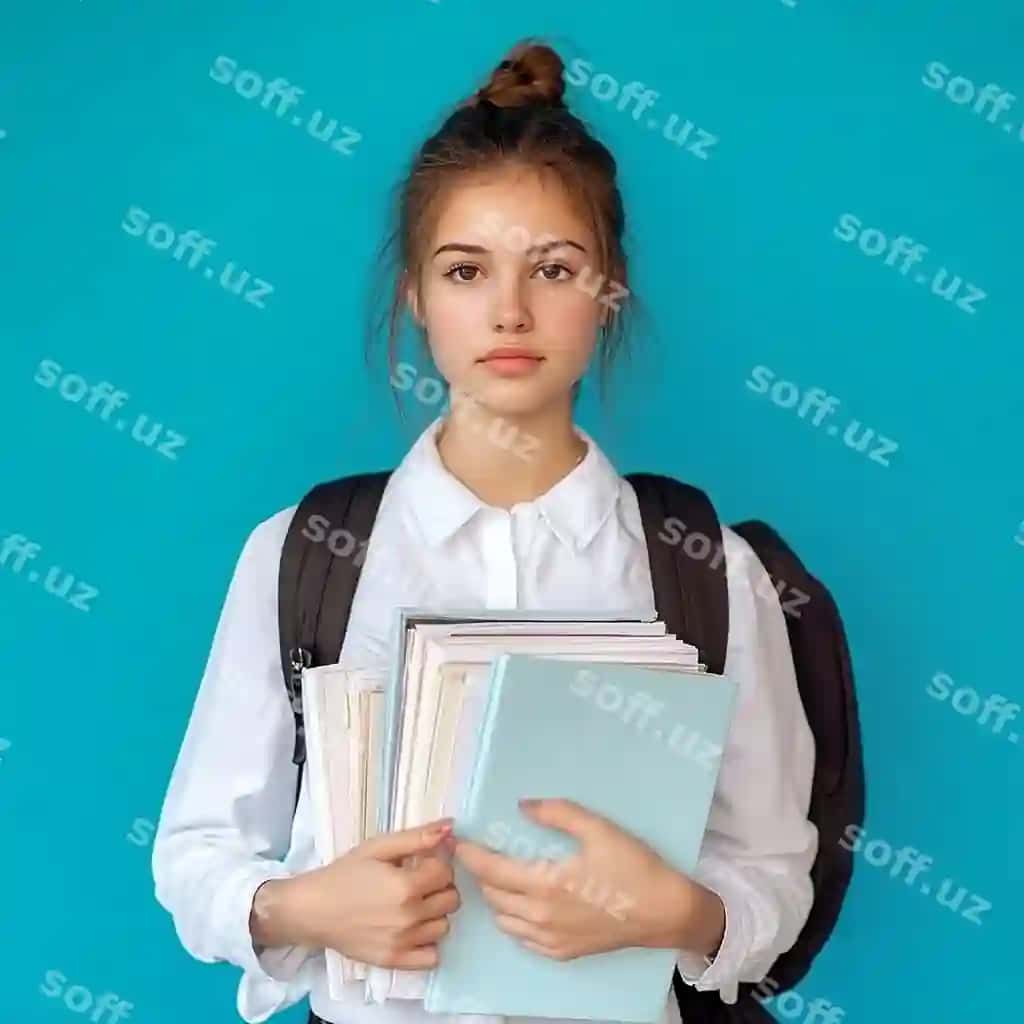 Old ko'rinishi ayollar talabasi ko'ylak rucksak bilan kitoblarini tutib | Front view female student shirt with backpack holding books