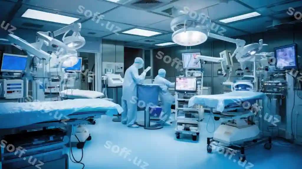 Zamonaviy boshqotirma xonasi ko'plab jihozlar va bemorlarga xizmat qiluvchi jaroxat mutaxassislari bilan | Advanced operating room with lots equipment patient working surgical specialists