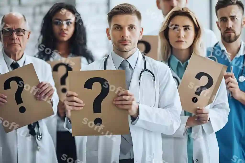 Guruh shiftokollari "Savol yo'q" degan belgi tutgan. | Group doctors holding sign that says no question
