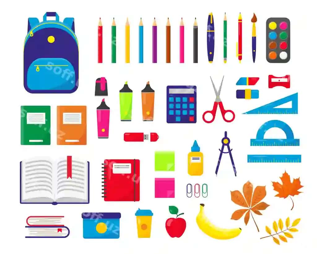 Maktab kundalari to'plami illustratsiyasi oq fondaa | School supplies backpack set illustration white background