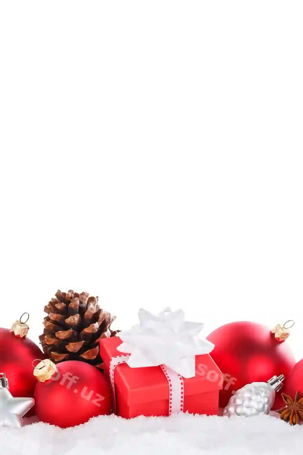 Yolka sharlari, bezatlar, dekoratsiya, sovg'a, dekoratsiya elementlari, portret formati, ajraltirilgan oq fondaa | Christmas balls baubles decoration gift present ornaments portrait format isolated white