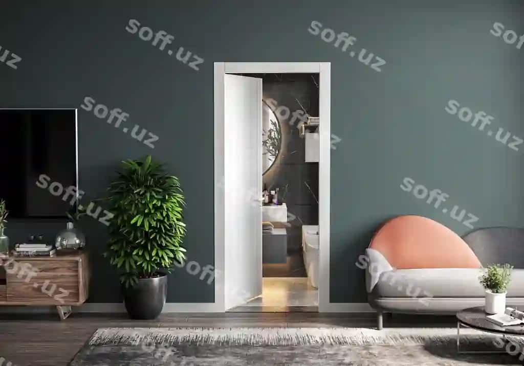Hammomli yashil xona plastarlangan jigar qora devorlar yog'och pol bo'sh xona televizor kabinetinga ega | Living room with bathroom plaster dark gray walls wooden floor empty room with tv cabinet