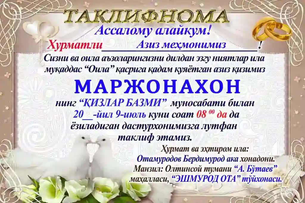 Taklifnoma qizlar bazmi