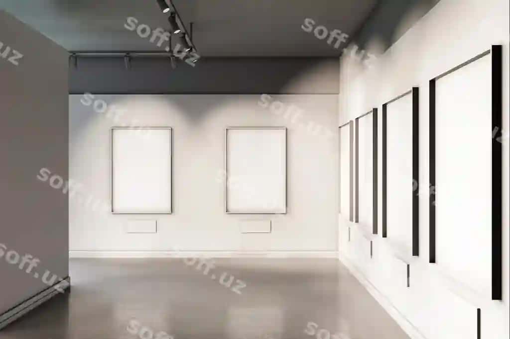 Zamonaviy galereya ichki bo'sh ramkalar devorlari 3d render | Modern gallery interior with blank frames walls 3d rendering