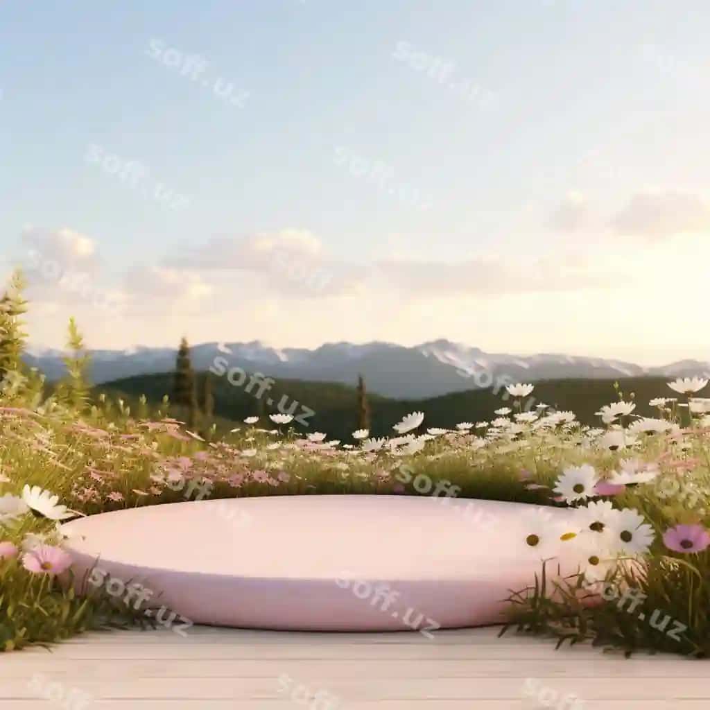 Tabiiy go'zallik podium foni yovar gulli maydon 3d render | Natural beauty podium backdrop with wild flower field 3d rendering