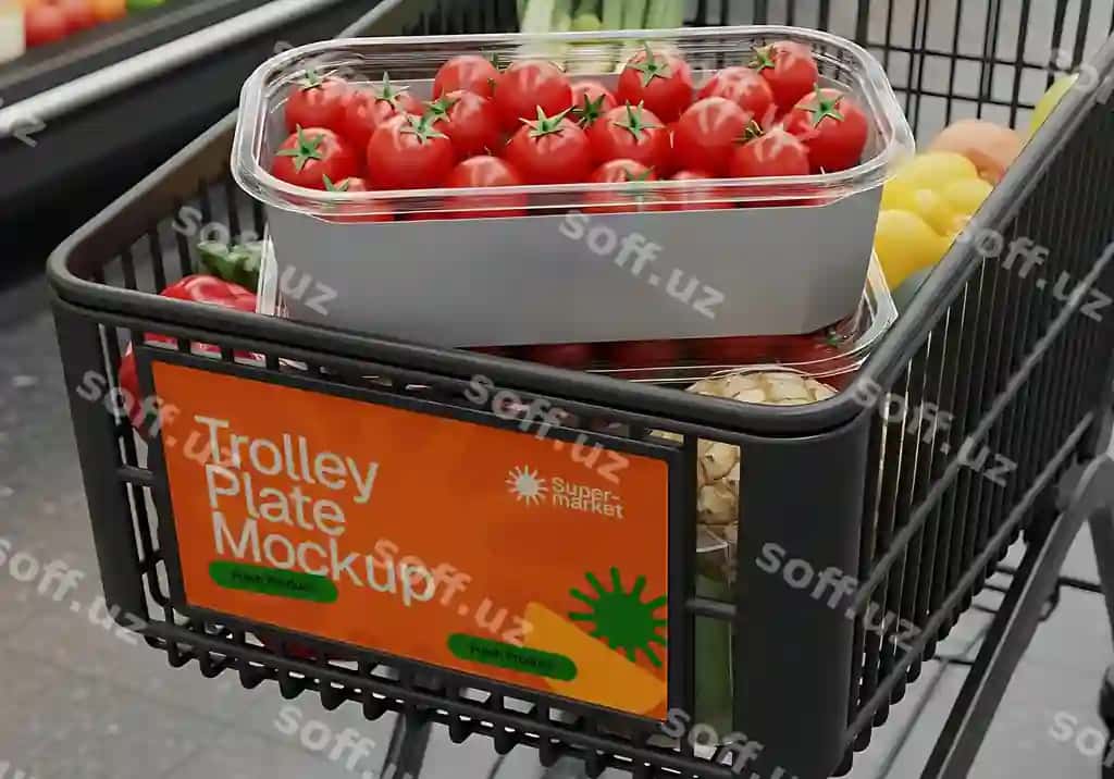 Karzina diskasi namunasi, yangi mahsulotlarni o'z ichiga kirgan supermarket xaridlari | Trolley plate mockup featuring fresh produce supermarket shopping