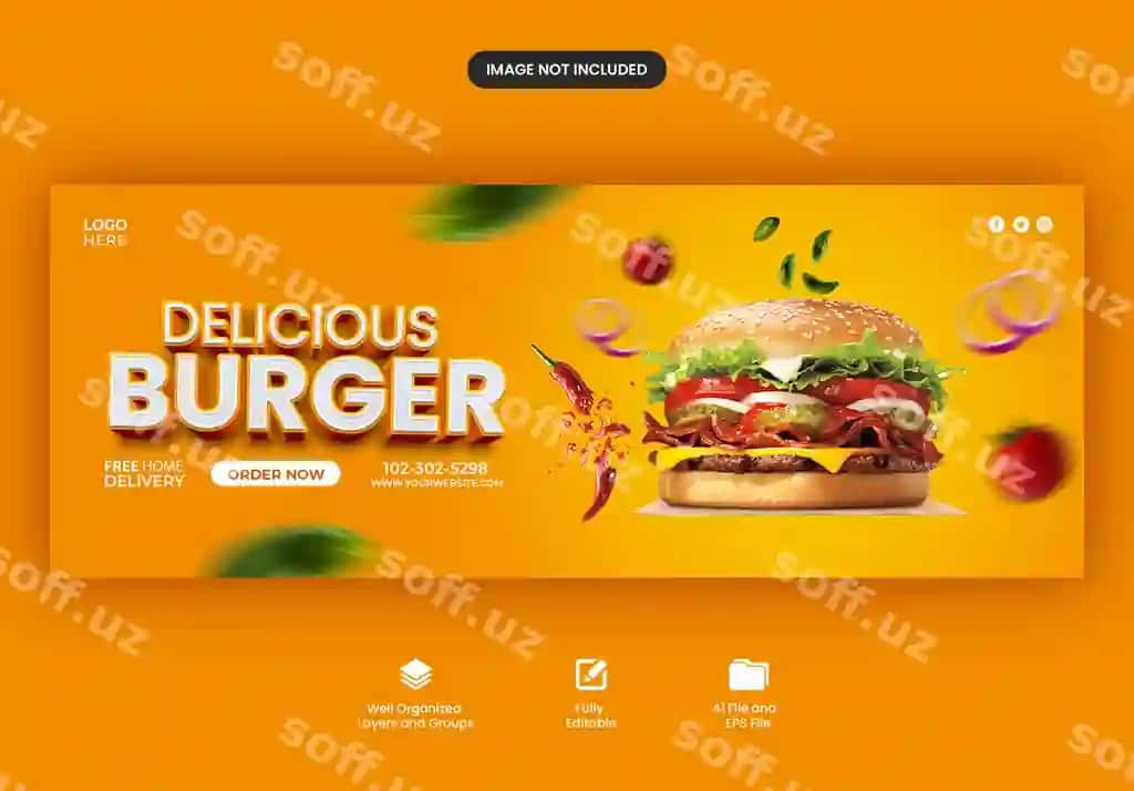 Mamnoa burger ovqati uchun ijtimoiy media reklamasi va facebook varaq dizayni | Delicious burger food social media promotion facebook cover design
