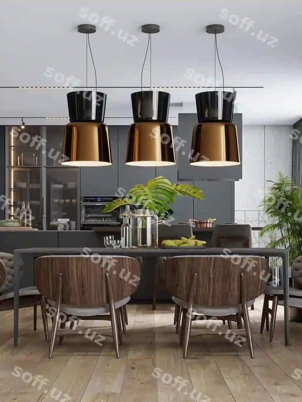 Yog'och mebellari zamonaviy marjon chiroqlari bilan jihozlangan zamonaviy ovqat xonasi | Modern dining room with stylish pendant lights wooden furniture