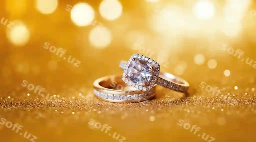 Olmosli oltin yaltiroq yuzasi bilan nikoh uzuklari | Wedding rings with diamonds golden glitter surface