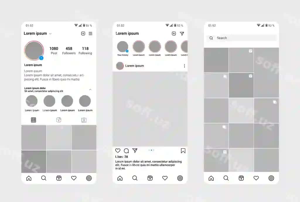 Instagram profili interfeys shabloni dizayn mobil ilova | Instagram profile interface template design mobile app