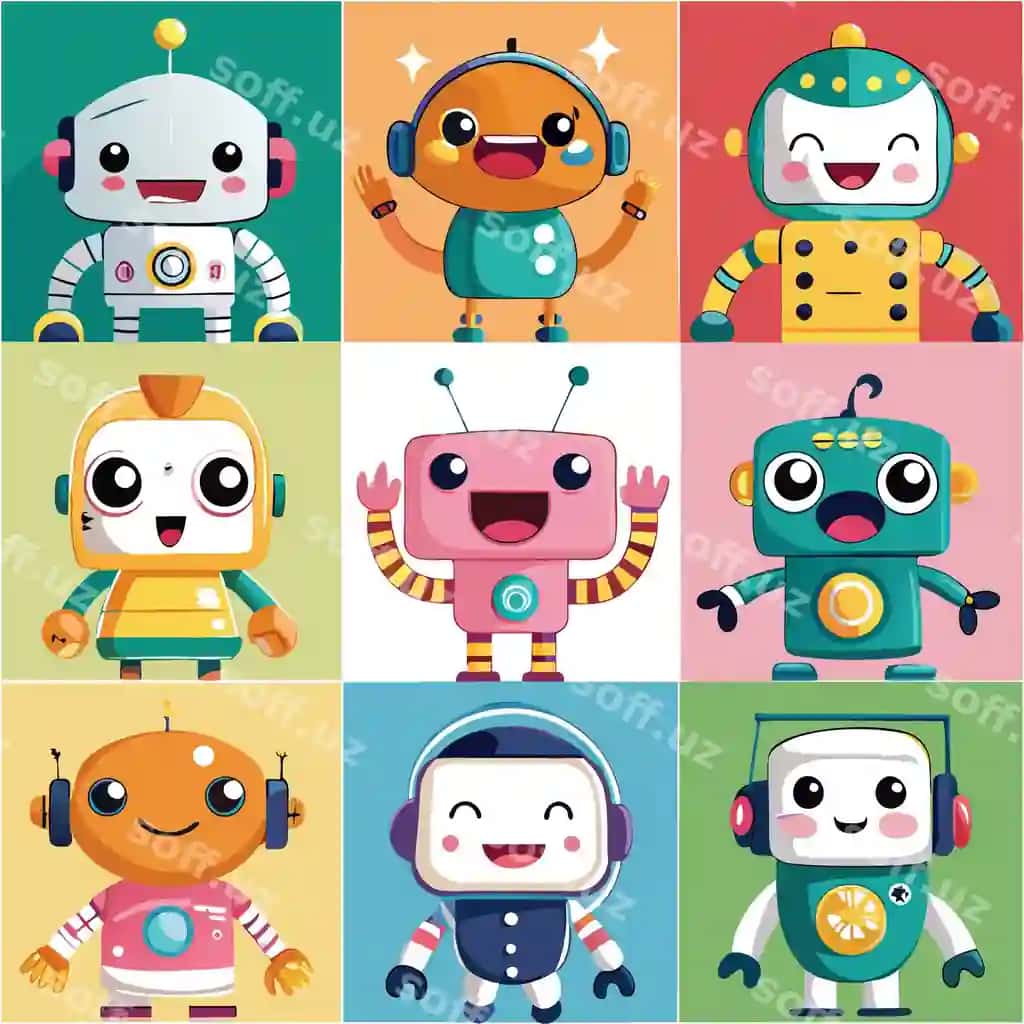 To'qqiz baxtli turli ranglardagi dizaynlariga ega robotlar | Nine happy robots with different colors designs