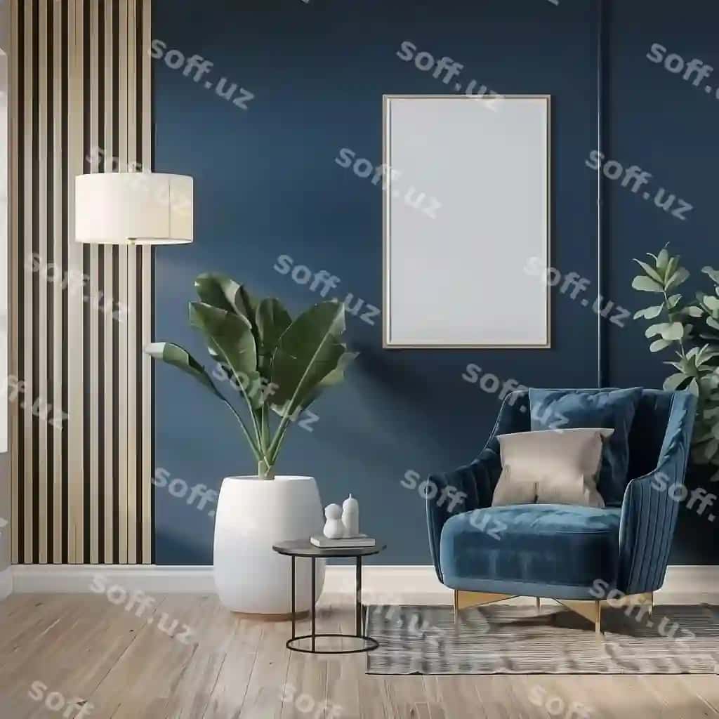 Zamonaviy o'yin xonasi vertikal poster ramkalari va ko'k armqovoq | Modern living room with vertical poster frames blue armchair