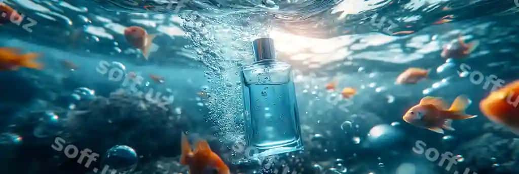 Tinch okean sahnasi yorqin ko'k parfyum shishasi tushadi | Serene ocean scene light blue perfume bottle falls