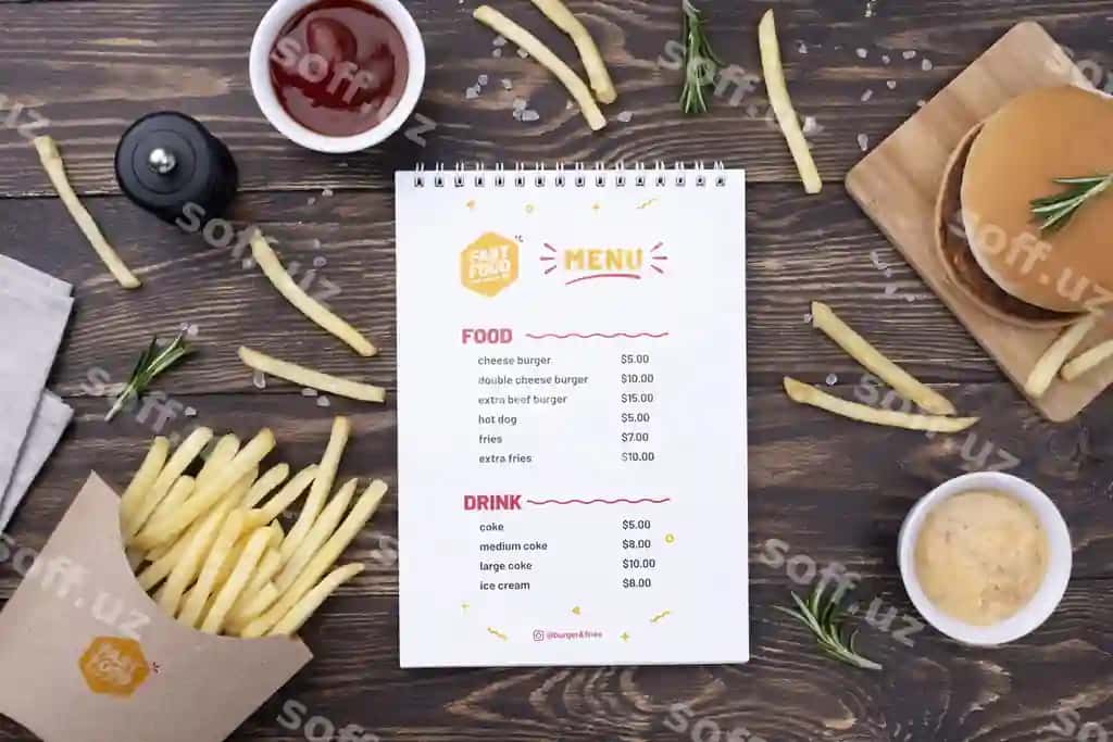 Fast-food menyu kontseptsiya namunasi | Fast food menu concept mock up