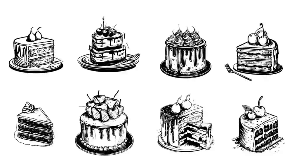Izolyatsiya qilingan oq fonda eskiz to'plami desert pirojnoe shirinliklar to'plami | Sketch set dessert pastry sweets collection isolated white background