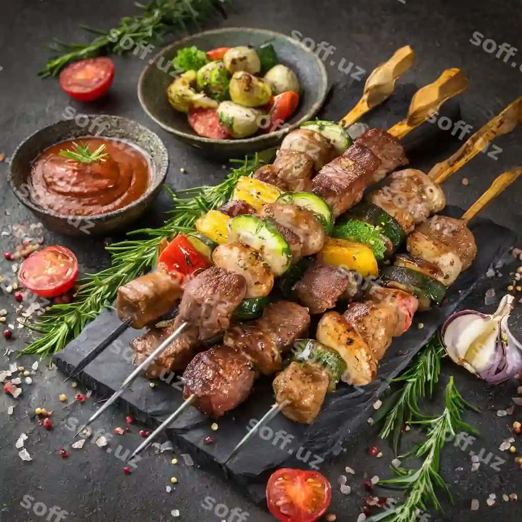 Grill turli xil ovqatlar bilan, o'z ichiga go'sht, pomidorlar, pomidorlar kirgan. | Grill with variety food it including meat tomatoes tomatoes