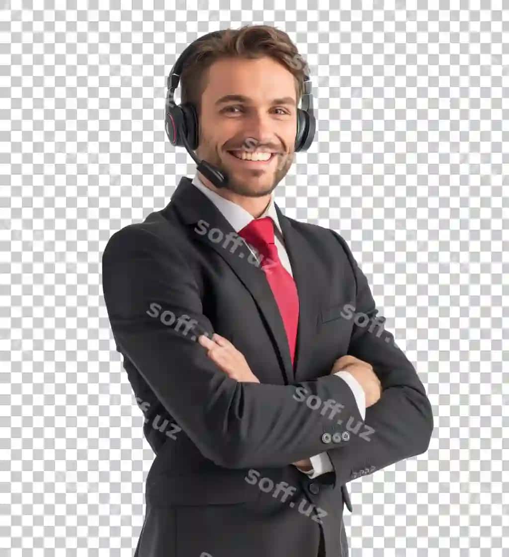 Mijoz xizmati namoyandasi gulatgan headset bilan ajralangan shaffof | Customer service representative smiling with headset isolated transparent