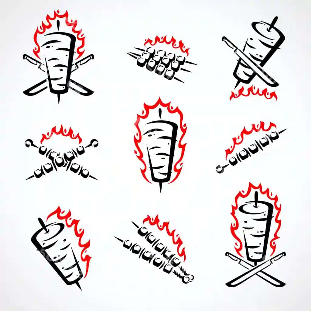 Kebab etiketlari elementlar to'plami jamlanma ikonasi kebablar vektori | Kebab labels elements set collection icon kebabs vector