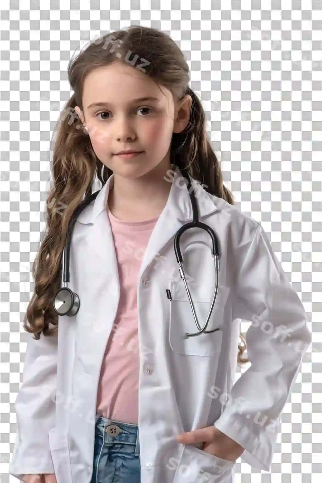 Yosh qiz doktor sifatida namoyish qiluvchi ajralgan shaffof fonda | Young girl pretending as doctor isolated transparent background